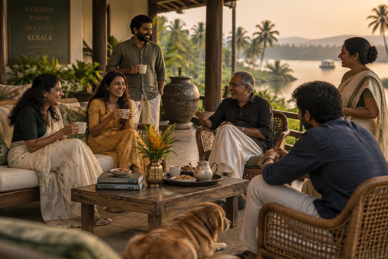 A relaxed group sharing tea on a veranda overlooking the Kerala backwaters at sunset