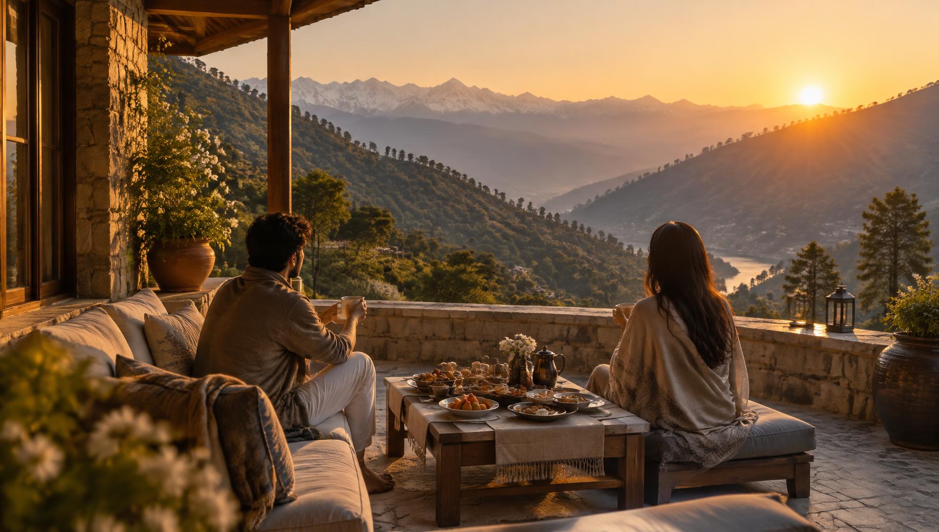 A quiet Himalayan terrace at sunrise with breakfast laid out